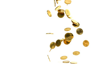 Falling gold coins money isolated on the white background, business concept.