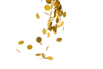 Falling gold coins money isolated on the white background, business concept.