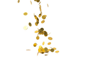 Falling gold coins money isolated on the white background, business concept.