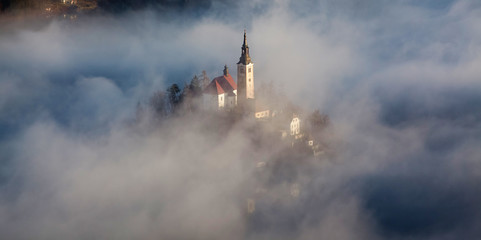 amazing sunrise at lake Bled from Ojstrica viewpoint, Slovenia, Europe - travel background