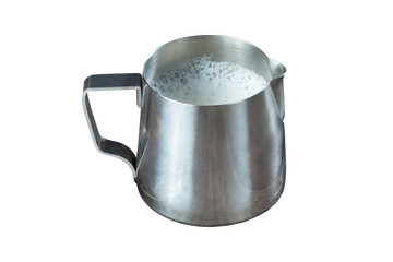 pitcher/ Metallic pitcher barista with milk on white background. Isolated