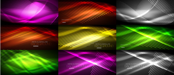 Set of neon smooth wave digital abstract backgrounds