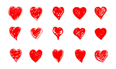 Fototapeta na wymiar Set of hand drawn red grunge hearts. Vector illustration. 