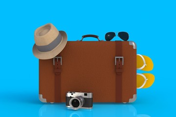 Suitcase of a traveler with  straw hat and retro film photo camera isolated on blue background, 3D rendering