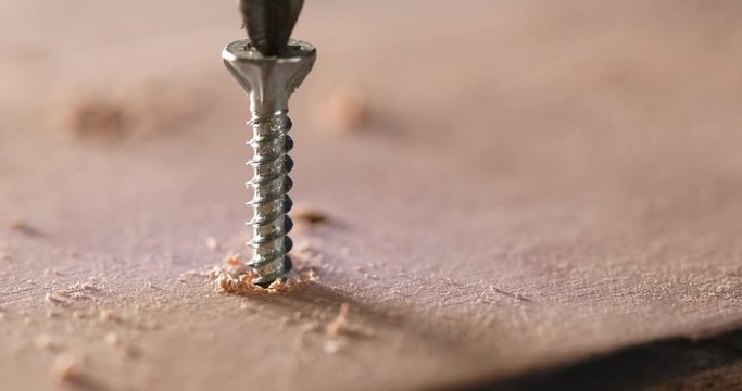 Craftsman drives the screw into the wooden board