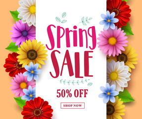 Spring sale vector banner design with sale text in white empty space and various colorful flowers in a background for spring seasonal discount promotion. Vector illustration.

