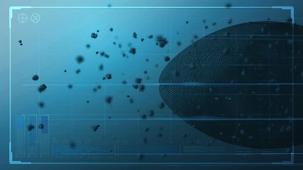 An american football ball caught spinning in slow motion flying through the air scattering dirt particles in its wake overlaid with a technical analysis interface screen - Powered by Adobe
