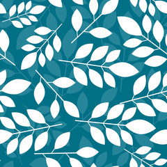 Seamless Botanical pattern with white leaves on a blue background. Vector illustration.