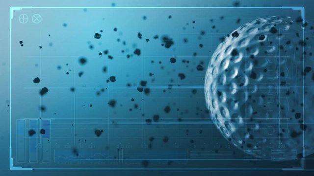 A golf ball ball caught spinning in slow motion flying through the air scattering dirt particles in its wake overlaid with a technical analysis interface screen