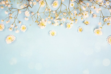 Border of gypsophila flowers on blue background. Space for text.