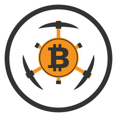 Bitcoin gold symbol and pickaxes. Concept of crypto currency mining. Vector icon.
