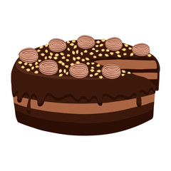 Chocolate cake with nuts isolated on white background. Dessert closeup.  Chocolate cake with cream and cedar nuts. Vector illustration.