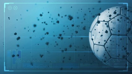 A soccer ball caught spinning in slow motion flying through the air scattering dirt particles in its wake overlaid with a technical analysis interface screen - Powered by Adobe