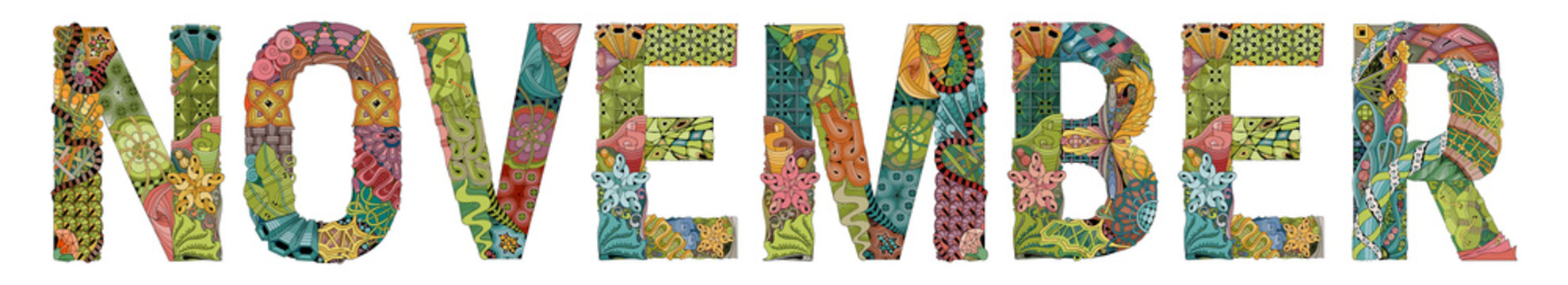 Word NOVEMBER. Vector decorative zentangle object