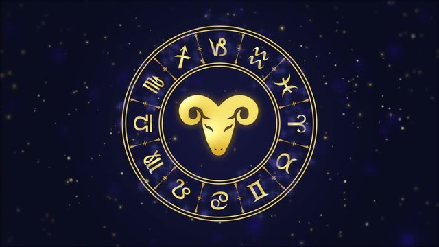 Zodiac sign Aries and horoscope wheel on the dark blue background