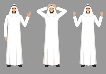  vector illustration of a arab man character expressions with hands gesture, cartoon muslim businessman wit different emotion 
