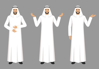  vector illustration of a arab man character expressions with hands gesture, cartoon muslim businessman wit different emotion 