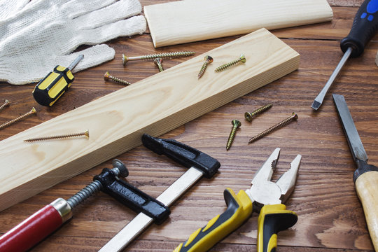 working tool carpenter ruler, chisel, pencil, sawdust and shavings.