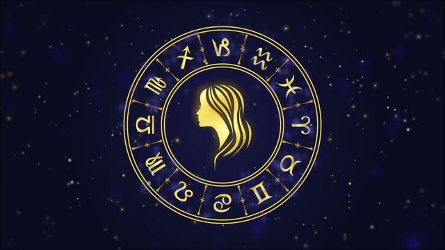 Zodiac sign Virgo and horoscope wheel on the dark blue background