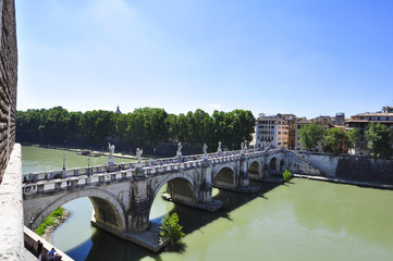 St. Angel’s bridge see from river in Rome city, Italy