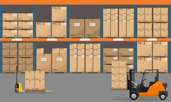 Warehouse interior with goods, pallet trucks and container package boxes. Flat vector