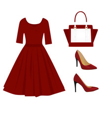 Woman red outfit set, dress, handbag and shoes, vector