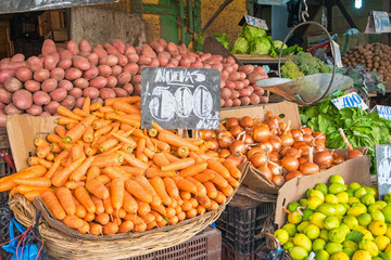 Vegetables and salad in baskets at a market in Valparaiso, Chile