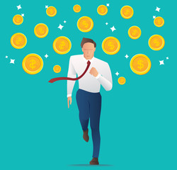 businessman running with coins , Trendy isometric businessman, Concept business vector illustration.