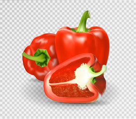 Photo-realistic vector. Red paprika. Whole Bulgarian pepper and half. 3d