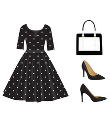 Woman black outfit set, dress, handbag and shoes, vector