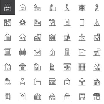 Buildings line icons set, outline vector symbol collection, linear style pictogram pack. Signs, logo illustration. Set includes icons as factory, warehouse, airport, hospital, lighthouse, castle