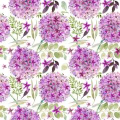 watercolor violet flowers seamless pattern. hand-drawn botanical illustration. vintage floral composition.