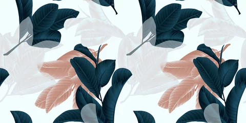 Foto op Plexiglas Naadloos patroon, met de hand getekend donkergroen, bruin en wit guaveblad op takje op grijze achtergrond © momosama