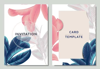 Muurstickers Hand drawn Tropical blue, pink and white guava leaves on branch, invitation card template design © momosama