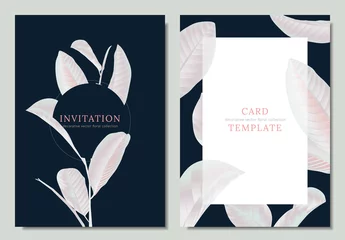 Poster Hand drawn Tropical white guava leaves on dark blue background, invitation card template design © momosama