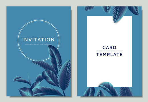 Hand drawn Tropical blue guava leaves on blue background, invitation card template design