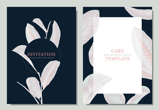 Hand drawn Tropical white guava leaves on dark blue background, invitation card template design