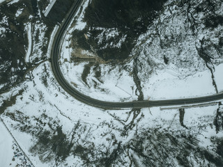 aerial view of the road on a winter snowy day