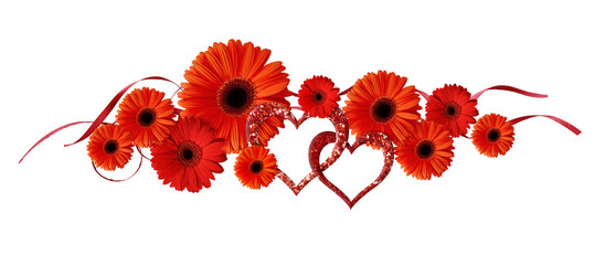 Red gerbera flowers, glitter hearts and ribbons
