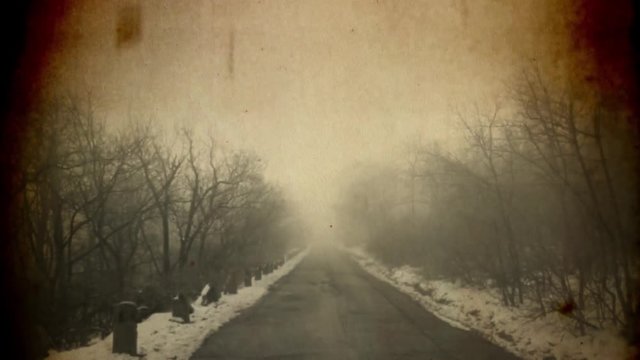 4K Tilt Down to Abandoned Scary Winter Road Vintage