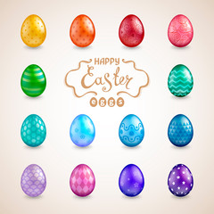 Set of 14 glossy realistic Easter eggs with different colors and patterns. The words Happy Easter. Template for greeting cards, calendars, banners, posters, invitations. Vector illustration