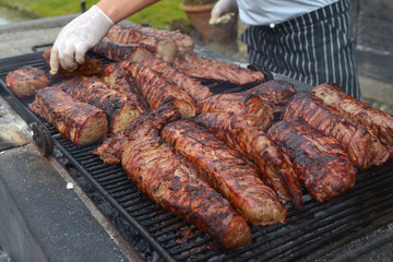 Meat for barbecue. Grid. Brace