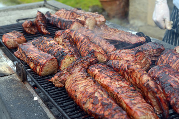 Close-up of Meat for barbecue. Grid. Brace