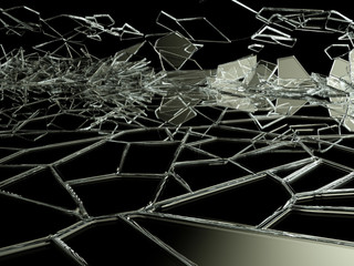 Broken and cracked glass on black