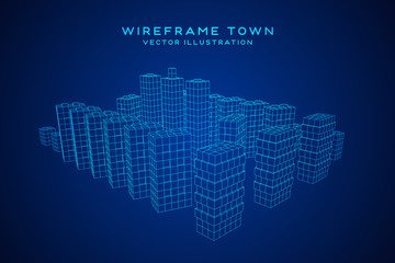 Mesh low poly wireframe cubes array like skyscraper city. Connected lines town. Connection Box Structure. Digital Data Visualization Concept. Vector Illustration.
