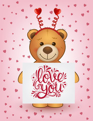Love you. Cute Valentines Day card with teddy bear and card with lettering