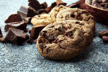Chocolate cookies on grey table. Chocolate chip cookies shot