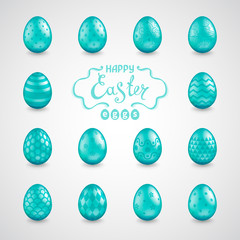 Set of 14 glossy realistic Easter eggs with different patterns and the words Happy Easter. Template for greeting cards, calendars, banners, posters, invitations. Vector illustration