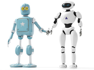 two generations of robots holding hands with an on-white background