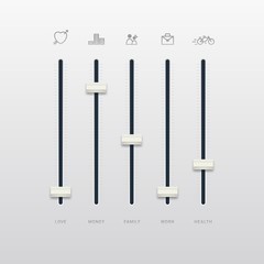 Control panel with sliders. Analog sound mixer or console. Remote control of the balance of life. Realistic design. Vector illustration.